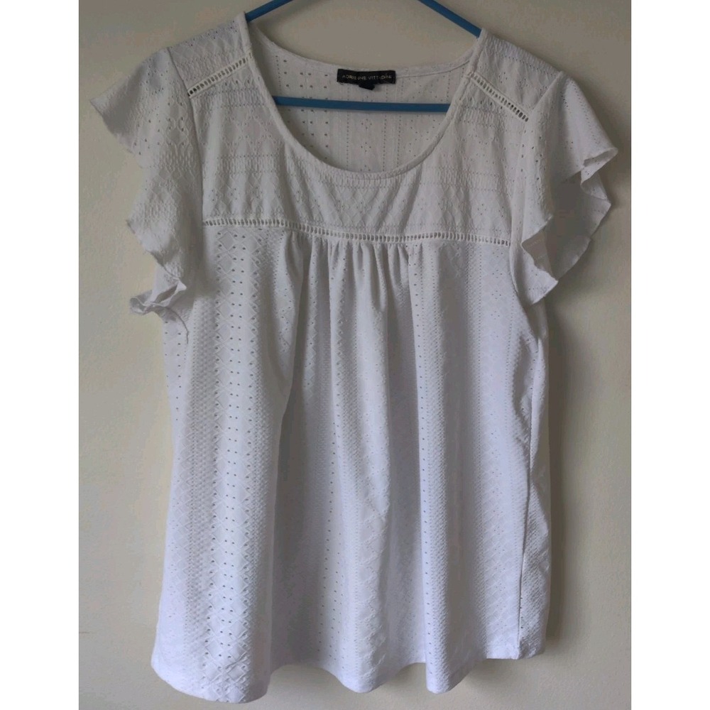 Adrienne Vittadini Women's White Eyelet Ruffle Short Sleeve‎ Top Size Large